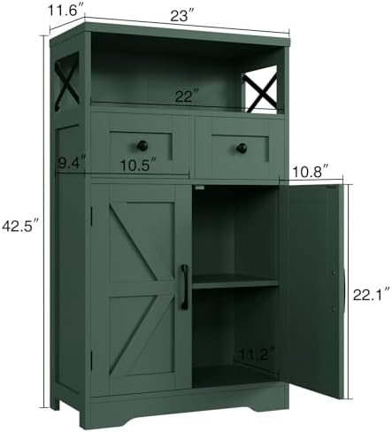 Farmhouse Storage Cabinet with Drawers, Small Kitchen Pantry Cabinet, Green - Image 2