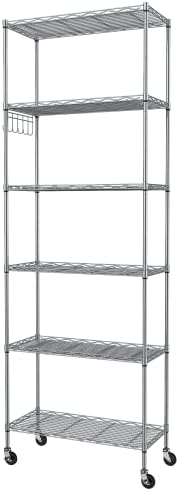 Homdox 6-Tier Storage Shelf Wire Shelving Unit Free Standing Rack Organization with Caster Wheels, Stainless Side Hooks, Silver Gray by HOMDOX