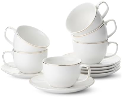 BTaT- Cappuccino Cups with Saucers 7 oz, Set of 6, White Porcelain Coffee Cup and Saucer Set for Latte with Golden Trim Design, Dishwasher Safe, Mocha, Tea, Au Lait, Flat White by BrewToATea