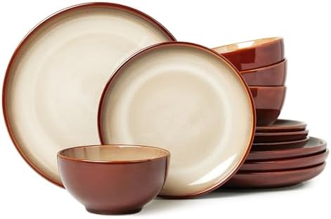 Pokini Stoneware Dinnerware Sets for 4, 12pcs Plates and Bowls Sets Dishes by Pokini