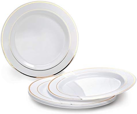 OCCASIONS 120 Plates Pack,(60 Guests) Heavyweight Premium Wedding Party Disposable Plastic Plates Set -60 x 10.5'' Dinner + 60 x 7.5'' Salad/Dessert (White & Gold Rim) - Image 2