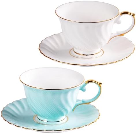 KAMMAK Tea Cups and Saucers Set of 2, Fine Bone China Coffee Cups, GH023 by KAMMAK
