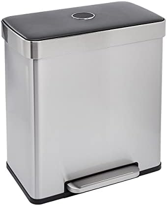 Amazon Basics Dual Compartment Recycling Trash Can with Soft-Close Lid, Fingerprint Resistant, Removable Liner Buckets, 60 Liters, Rectangular, Grey, Silver by AmazonBasics
