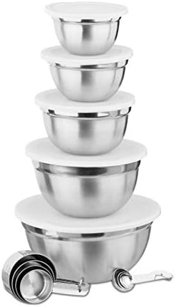Relaxdays Kitchen Set 18 Pieces, 5 x Mixing Bowls with Lid, Measuring Spoon & Measuring Cups, Kitchen Accessory Set, Silver/White, 13 x 26 x 26 cm by Relaxdays
