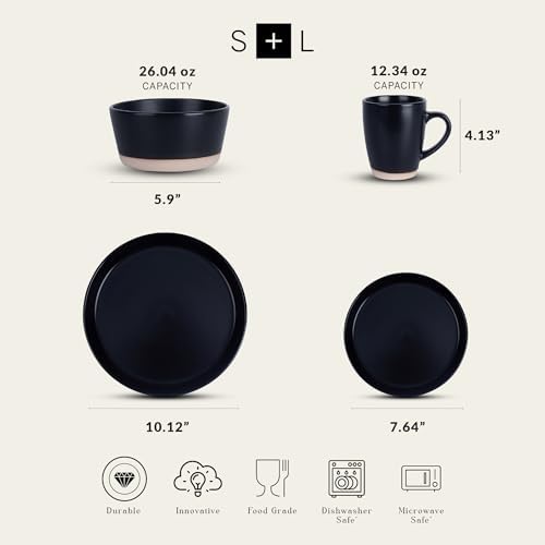 Stone Lain Jules Stoneware 16-Piece Dinnerware Set, Plates and Bowls, Service for 4, Black, Microwave & Dishwasher Safe - Image 2
