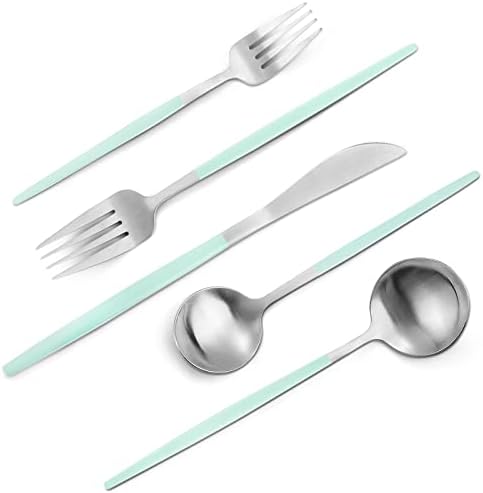 VANVRO Matte Green Silver Silverware Set, 20-Piece Stainless Steel Flatware Set, Satin Finish tableware Cutlery Set, Service for 4, Home and Restaurant, Dishwasher Safe by VANVRO