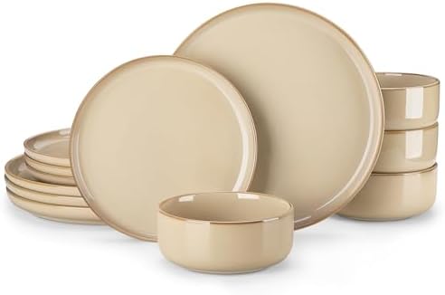 vancasso PLAYA Plates and Bowls Sets,12 Pieces Brown Dinnerware Sets for Kitchen, Reactive Glaze Dishes Set for 4, Dishwasher and Microwave Safe by vancasso