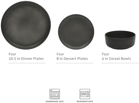 Gibson Elite Pasco 12 Piece (Service for 4) Plates and Bowls Reactive Glaze Dishes Stoneware Ceramic Dinnerware Set - Black - Image 2