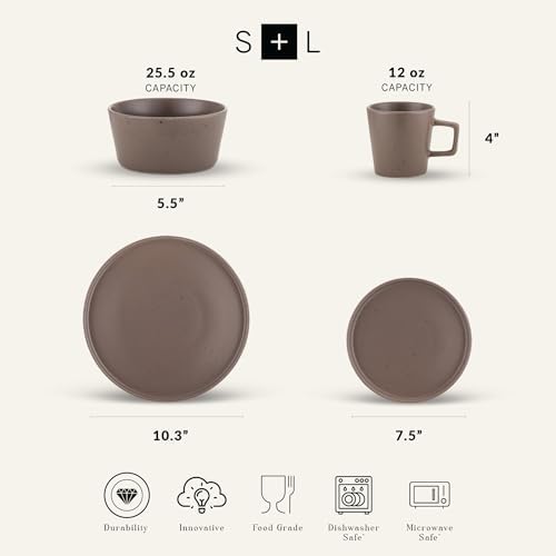 Stone Lain Celina Stoneware 16-Piece Modern Dinnerware Set, Plates and Bowls, Matte Brown, Service For 4, Microwave & Dishwasher Safe - Image 4