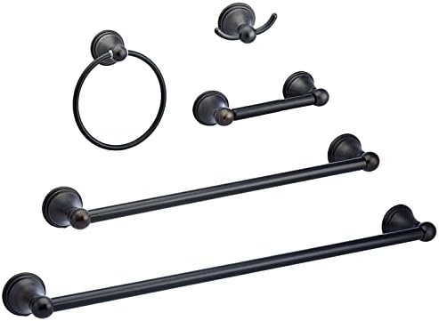 Amazon Basics Modern 5 Piece Bathroom Hardware Set, Oil Rubbed Bronze, Towel Bar, Toilet Paper Holder, Towel Ring, Robe Hook by AmazonBasics