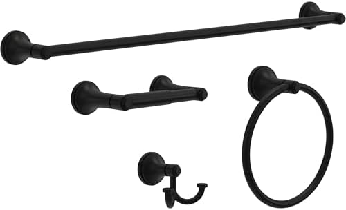 Franklin Brass Woodruff 4-Piece Bathroom Set Matte Black 18" + 6" Towel Rack, Toilet Paper Holder, Hand Towel Holder, Hook | 4-Piece Bath Hardware Accessories Set WDRF64-MB by Unknown