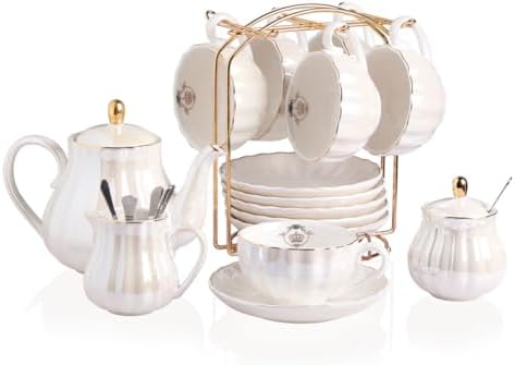 Sweejar Home Porcelain Tea Sets British Royal Series, 8 OZ Cups& Saucer Service for 6, with Teapot Sugar Bowl Cream Pitcher Teaspoons and tea strainer for Tea/Coffee (Coral White) by Sweejarco1949