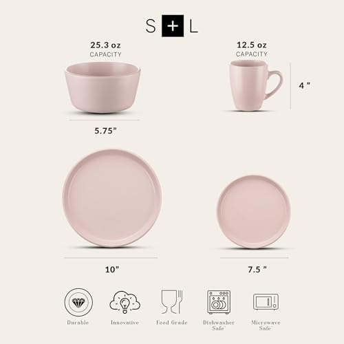 Stone Lain Albie Stoneware 16-Piece Modern Dinnerware Set, Kitchen Plates and Bowls Sets, Service for 4, Pink, Microwave & Dishwasher Safe - Image 2