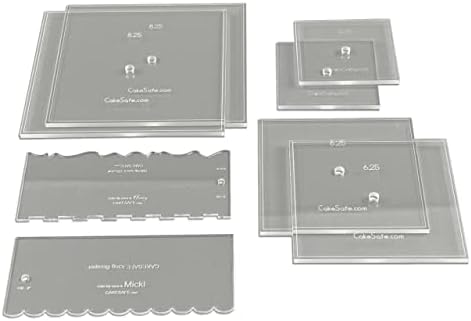 CAKESAFE Square Bare Necessities Cake Decorating Acrylic Disk Kit – 3 Sets - Square 4.25”, 6.25” and 8.25” Disks (2 disks per size), 2-8" Icing Scrapers with 1 Scraper Edge and 3 Cake Comb Patterns by CAKESAFE