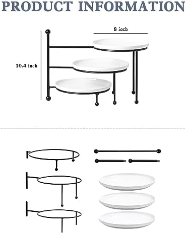 Kanwone 3 Tiered Serving Stand with White Porcelain Plates, Tiered Tray Stand, Dessert Table Display Set, 8" x 8" Tier Serving Trays with Black Metal Stand for Entertaining, 3 Tier Dessert Stand - Image 2