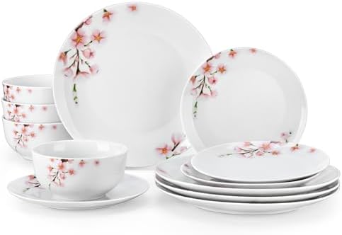 VEWEET Porcelain Dinnerware Sets for 4, 12 Piece Pink Plates Bowls, ANNIE by VEWEET