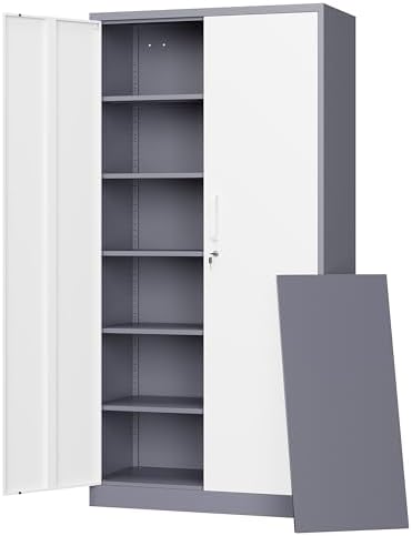 Letaya Metal Storage Cabinet with Lock Door, 71" Adjustable Shelf Steel Lockers for Office, Home,School,Garage Utility Tool Cabinet (2 Door-White&Gray) by LetayaMetalCabinets