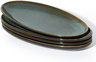12.8" Oval Serving Platters, Stoneware Party Tray Set for Entertaining, Microwave Safe Large Platter for Fruit/Cheese/Cookie/Sushi/Appetizer, Ceramic Serving Trays Plates of 4, Aurora Green by Jopnerkni