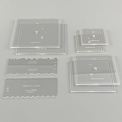 CAKESAFE Square Bare Necessities Cake Decorating Acrylic Disk Kit – 3 Sets -Square 4.5”, 6.5” and 8.5” Disk Sets (2 disks per size), 2-8" Icing Scrapers with 1 Scraper Edge and 3 Cake Comb Patterns - Image 2