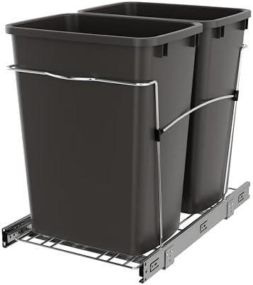 Rev-A-Shelf RV-18KD-13C-S Double Pullout Trash Can for Kitchen Cabinets 35 Quart Garbage Recycling Bin on Full Extension Slides, Gray by Rev-A-Shelf