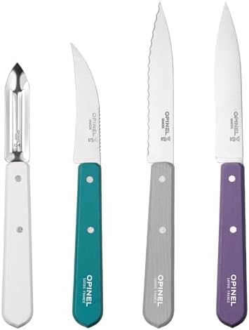 OPINEL Les Essentials - Small Kitchen 4 Piece Knife Set - Paring, Serrated, Peeler, Vegetable Knife, Corrosion Resistant High Carbon Steel, Made in France (Art Deco) by Opinel