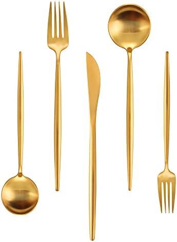 Matte Gold Silverware Set, IBIILII JEFF 40 Pieces Stainless Steel Flatware Set，Kitchen Utensil Set, Tableware Cutlery Set, Knife Spoons And Forks Set, Satin Finished Polished & Dishwasher Safe by IBIILII+JEFF
