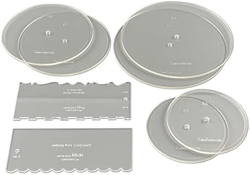 CAKESAFE Essential Cake Decorating Acrylic Disk Kit - 3 Sets - Round 6.5", 8.5", 10.5" Disks Sets (2 disks per size), 2-8" Icing Scrapers with 1 Scraper Edge and 3 Cake Comb Patterns by CAKESAFE