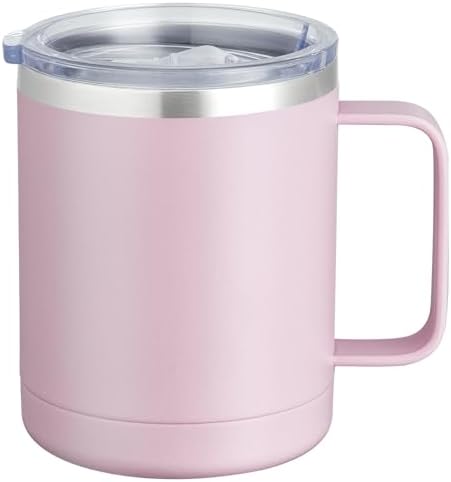 MEWAY 12oz Coffee Mug With Handle and Sliding Lid,Stainless Steel Travel Tumbler Cup with Handle,Double Wall Vacuum Insulated Camping Cup for Hot & Cold Drinks Tea (Pink,Set of 1) by MEWAY
