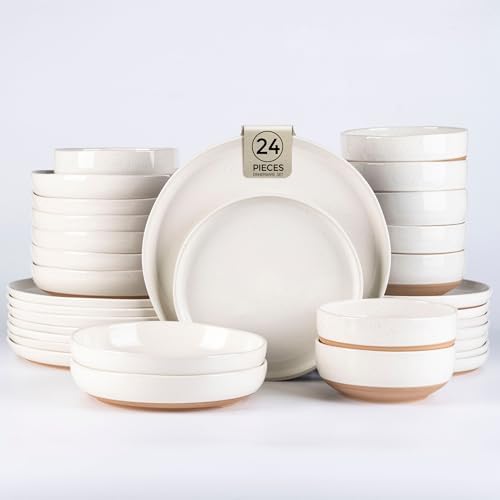 AmorArc Dinnerware Sets for 6, 24 Pieces Ceramic Plates and Bowls Set by AmorArc