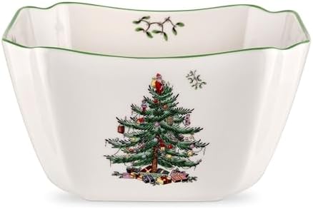 Spode Christmas Tree 10-Inch Square Serving Bowl - Durable Porcelain Bowl for Appetizers & Holiday Dishes - Iconic Christmas Design with Green Trim - Microwave & Dishwasher Safe for Festive Gatherings by Spode