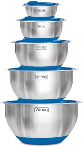 Viking Mixing Bowls Set, 10 Piece Stainless Steel Kitchen Cookware, Non-Slip Silicone Base, Includes Tight Fit Lids, Dishwasher Safe, Blue by Unknown