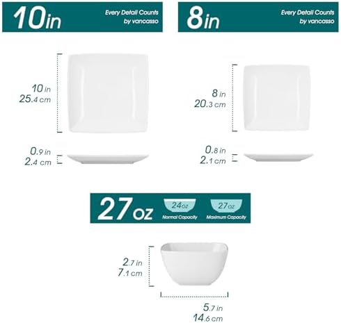 vancasso Soho Dinnerware Sets 12 Pieces, White Stoneware Square Place Setting, Dinner Plate, Dessert Plate, Bowls Service for 4 - Image 2
