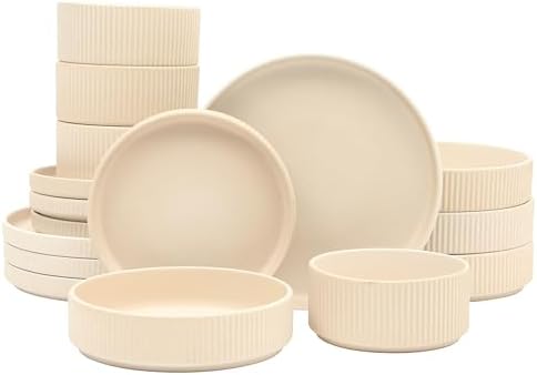 Gibson Elite Deerfield 16-Piece Stoneware Dinnerware Set – Cream White Reactive Glaze Plates and Bowls, Stackable Design, Service for 4 – Dishwasher & Microwave Safe by GibsonHomewares
