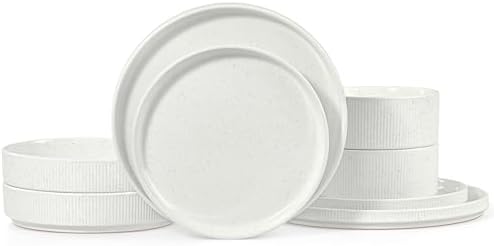 LIANYU Dinnerware Plates and Bowls Dishes Set, 8 Piece Stoneware Sets with Pasta Bowls for 2, Ribbed Ceramic Kitchen Dishware for Home, Microwave and Dishwasher Safe, Speckled White by LIANYU