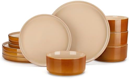 vancasso ONION Ceramic Plates and Bowls Sets, 12 Pieces Brown Dinnerware Sets for Kitchen, Reactive Glaze Dishes Set for 4, Dishwasher and Microwave Safe by vancasso