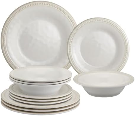 UPware 12 Piece Beaded Melamine Dinnerware Sets, Outdoor Dishes Set, Plates and Bowls Sets, Service for 4, Cream by UPware