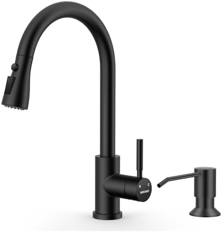 WEWE Pull-Down Kitchen Faucet with Soap Dispenser Set, Matte Black by WEWE