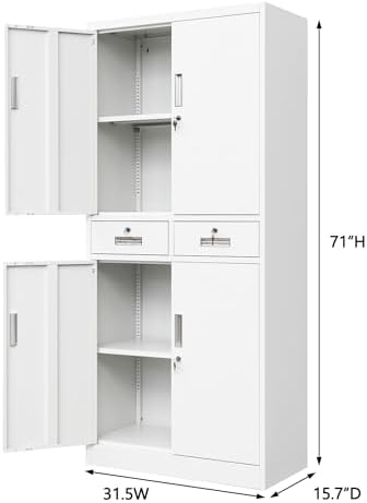 CJF Metal Storage Cabinet with Adjustable Shelves and Drawers, 71" H Locking Pantry Storage Cabinet for Office, Garage, Home, School, Utility (White) - Image 3