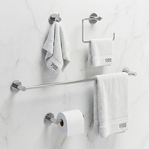 VIGO Cass 4 Pieces Bathroom Hardware Set, 24 inch Towel Bar, Hand Towel Holder, Robe Towel Hook, Toilet Paper Holder Wall Mounted, Stainless Steel Bath Accessory Set Chrome Finish - Image 3