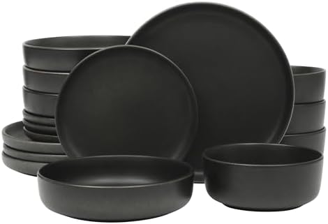 Gibson Elite Pasco 16 Piece (Service for 4) Plates and Bowls Double Bowl Reactive Glaze Dishes Stoneware Ceramic Dinnerware Set - Black by GibsonHomewares