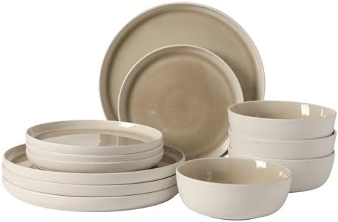 Gibson Elite Tahoe Sunset 12-Piece Reactive Stoneware Dinnerware Set – Matte Exterior & Shiny Interior Plates and Bowls, Durable Everyday Dish Set, Microwave & Dishwasher Safe - Taupe by GibsonHomewares