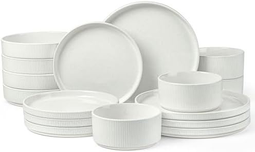 LIANYU 24 Piece Dinnerware Sets with Double Bowls, Ceramic Plates and Bowls Set for 4, Ribbed Stoneware Dishes for Home Kitchen, Microwave and Dishwasher Safe, Speckled White by LIANYU