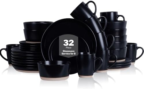 Stone Lain Jules Stoneware 32-Piece Modern Dinnerware Set, Plates and Bowls, Service for 8, Black, Microwave & Dishwasher Safe by Unknown