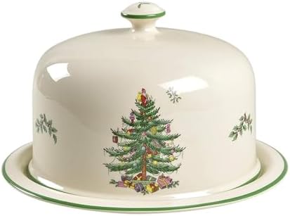 Spode Christmas Tree 2 Piece Serving Platter with Dome Set - Ceramic Holiday Serving Tray for Cakes, Desserts, Side Dishes - Microwave, Oven, Dishwasher Safe Christmas Serveware by Portmeirion