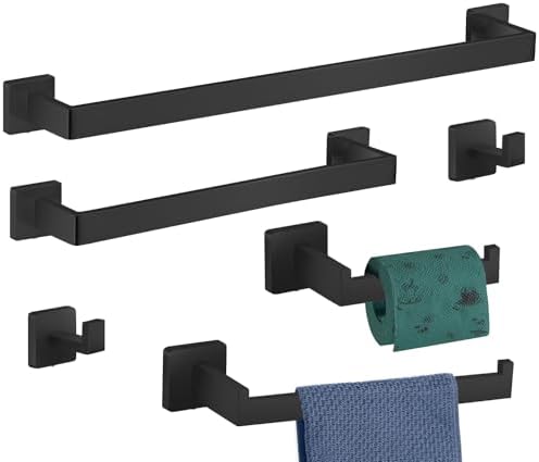 6-Pieces Bathroom Hardware Set Matte Black Bathroom Accessories Set SUS304 Towel Bar Set Includes Towel Bar 24&16 Inch+Towel Holder+Toilet Paper Holder+2 Towel Hooks (6, Matte Black, 24 Inch) by TAUN