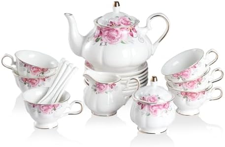 Sweejar Porcelain Tea Set Vintage Floral, British Relief Gold Rim Teapot Cup and Saucer Sets, 22-Piece Tea Sets for Adults, with Teapot, Sugar Bowl, Milk Jug, Spoons, Cup and Saucer (Flower) by Sweejarco1949