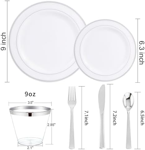 WELLIFE 300Pcs Silver Elegant Plastic Dinnerware Set for 50 Guests - Premium Disposable Party Supplies Includes Dinner Plates, Salad Plates, Cups & Flatware Set for Wedding, Anniversary, Banquet - Image 2