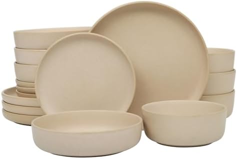 Gibson Elite Pasco 16 Piece (Service for 4) Plates and Bowls Double Bowl Reactive Glaze Dishes Stoneware Ceramic Dinnerware Set - Cream by GibsonHomewares