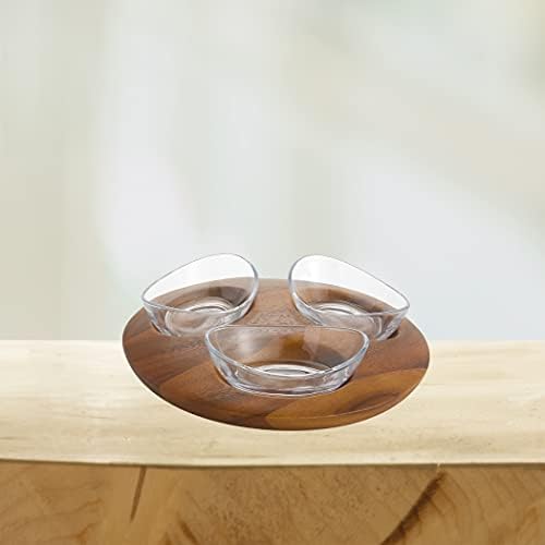 nambe Vie Condiment Server | 3 Piece Set | Perfect for Serving Nuts, Olives | Round Acacia Wood Tray with 3 Glass Serving Bowls | Functional and Stylish Snack Set | Measures at 12.5" x 2" - Image 2