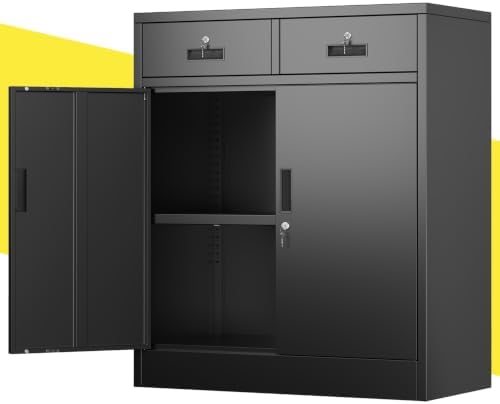 CJF Metal Storage Cabinet, Locking Cabinet with Adjustable Shelf and 2 Drawers, Metal Cabinets for Office, Home, Garage 36" H x 32" W x 16" D (Black) by CJF